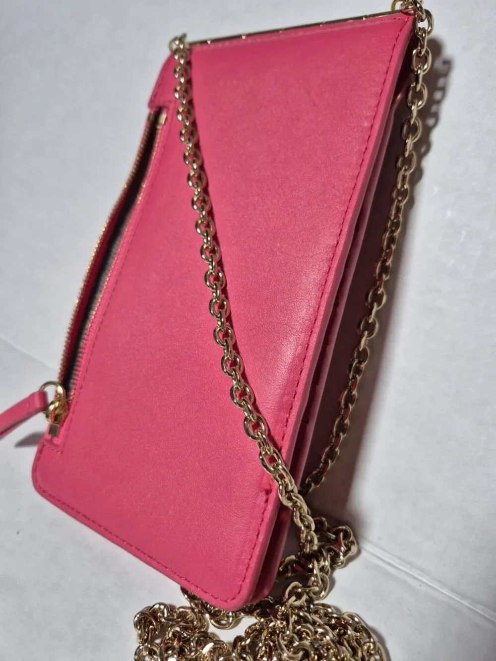 Thacker Nora Pink Leather Phone Wallet Crossbody Gold Chain